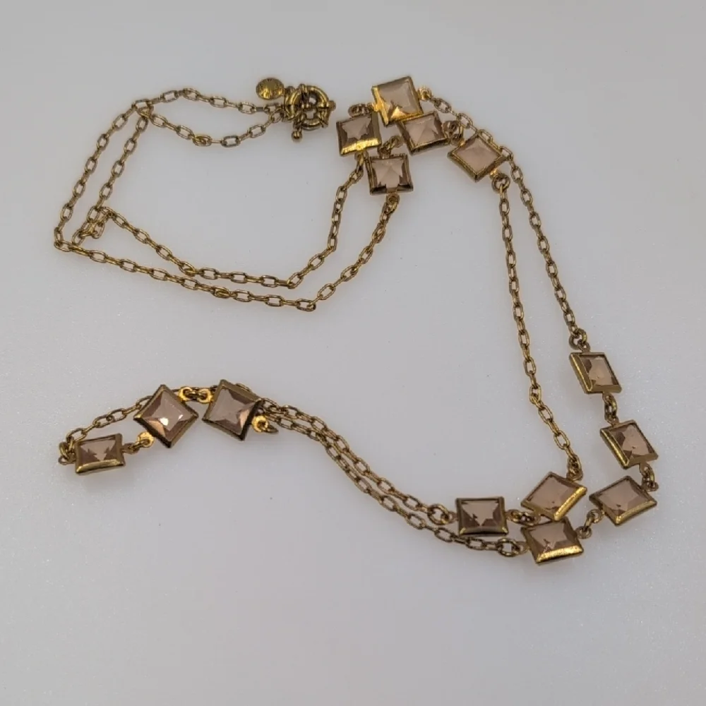 J. Crew Gold Tone & Peach/Champagne Square Crystal Station Necklace 33